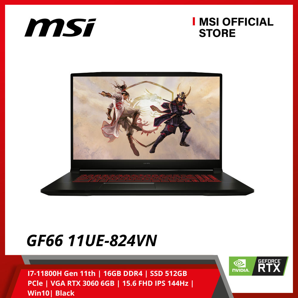 Laptop MSI Gaming Katana GF66 11UE-824VN (I7-11800H Gen 11th | 16GB DDR4 | SSD 512GB PCle | VGA RTX 3060 6GB | 15.6 FHD IPS 144Hz | Win10| Black) - Hàng Chính Hãng