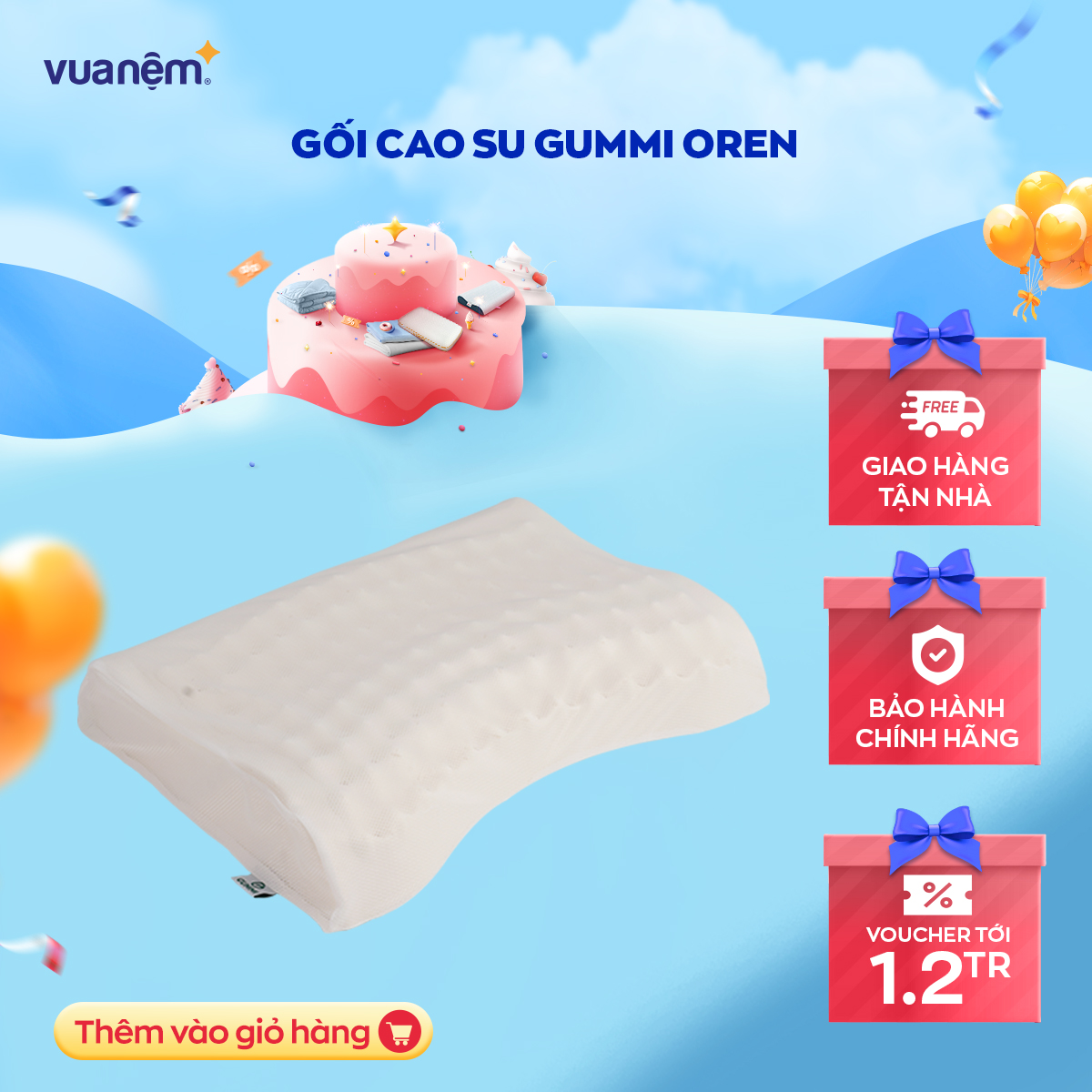 Gối cao su thiên nhiên cao cấp Gummi Oren 38x53cm thoáng khí, chống thoái hoá đốt sống cổ, an toàn cho làn da