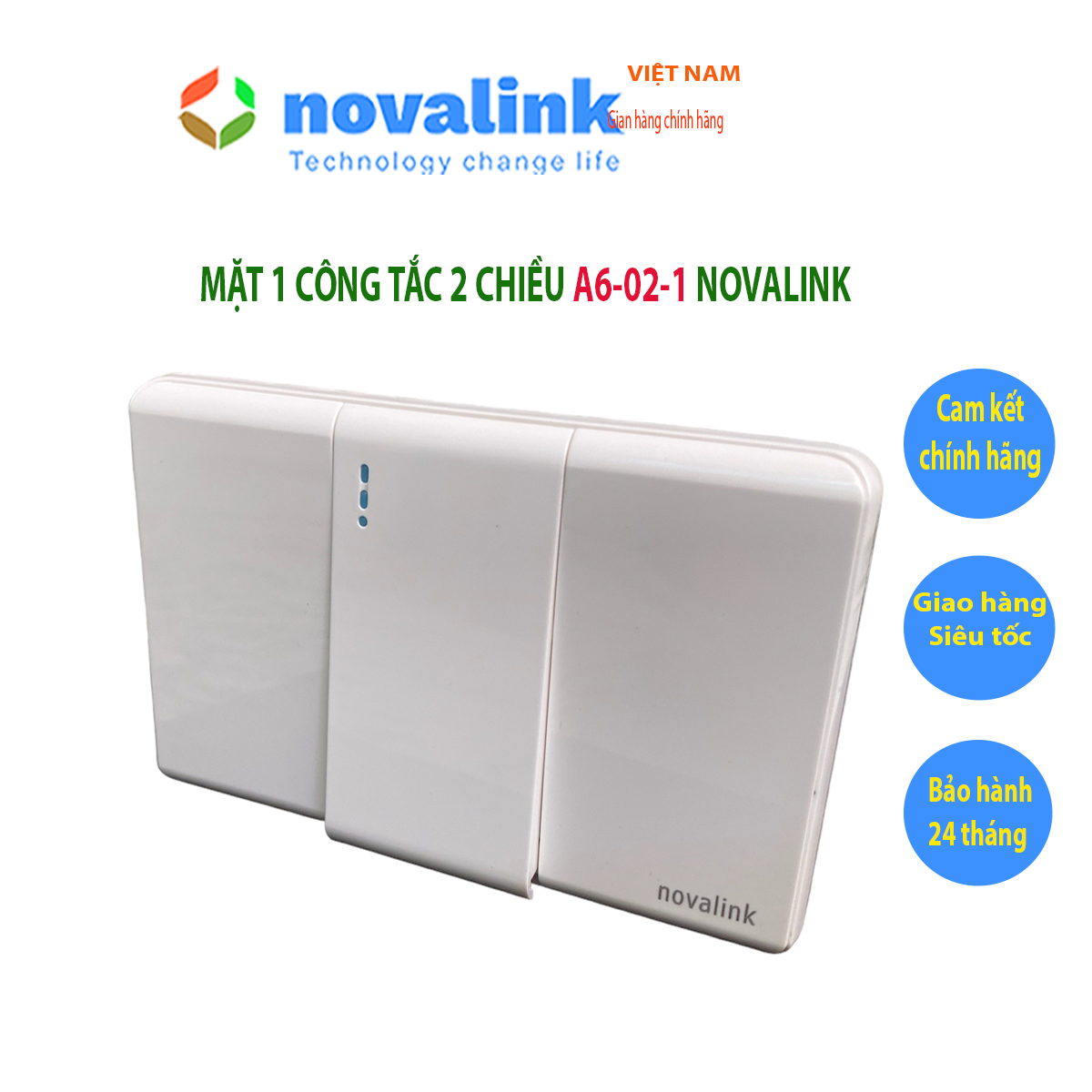 Mặt 1 công tắc đảo chiều A6-02-1 Novalink chính hãng. Mặt nhựa chống cháy, bảo hành 24 tháng đổi 1