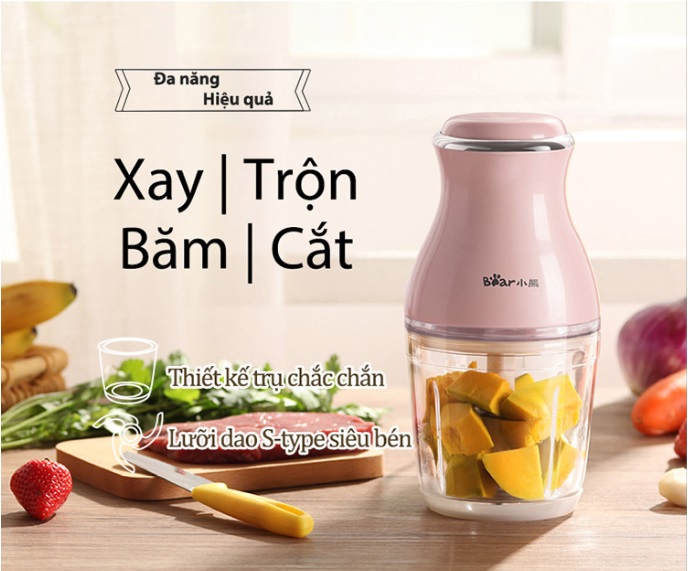 Máy Xay Thịt,Thực Phẩm Đa Năng Bear QSJ-B02U2 Dung Tích 600ML  - Hàng Chính Hãng