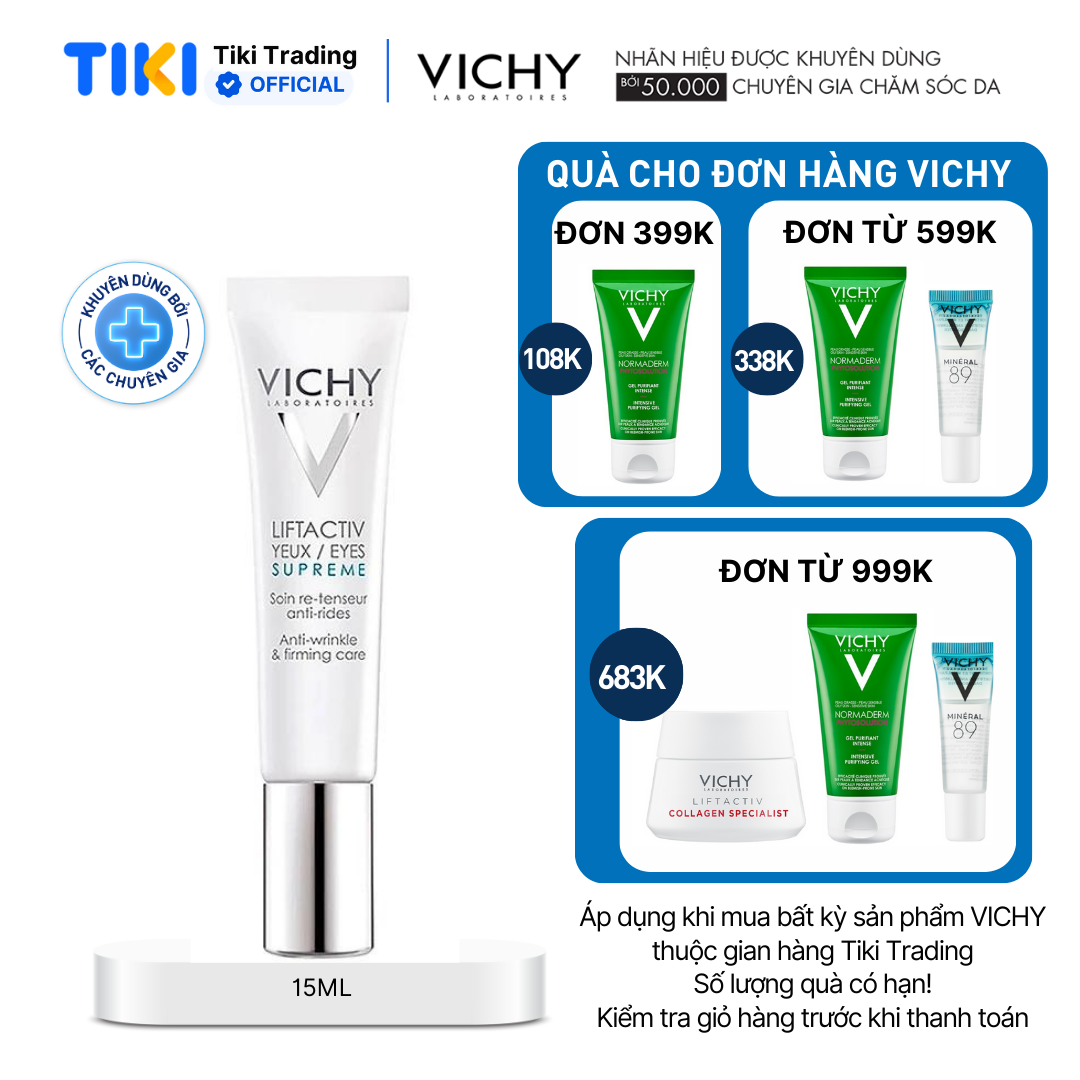 Kem dưỡng giúp giảm nếp nhăn &amp; săn chắc da vùng mắt Vichy Liftactiv Eyes Supreme Global Anti-Wrinkle &amp; Firming Care 15ml