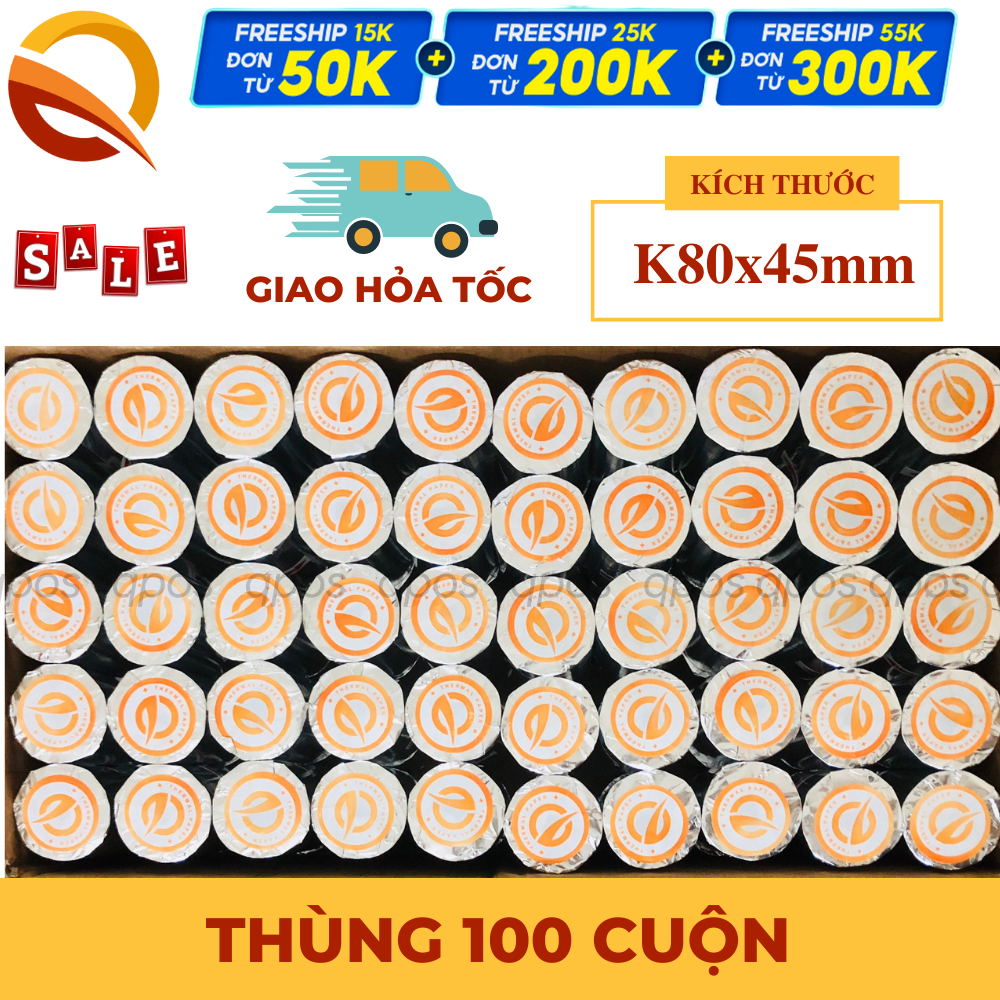 Thùng 100 cuộn giấy in bill K80, in hóa đơn, giấy in nhiệt khổ 80x45mm