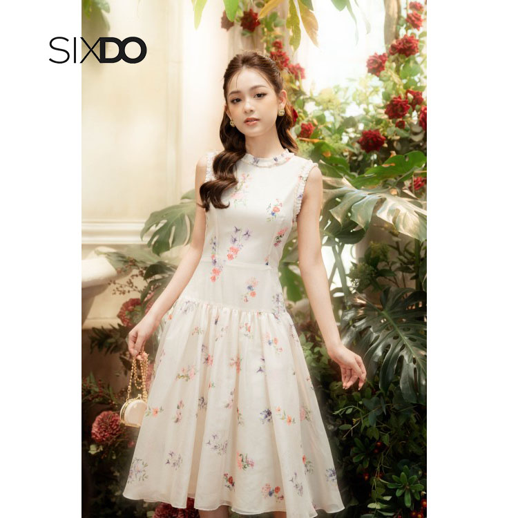 Đầm hoa sát nách viền xếp ly hạ eo trẻ trung SIXDO