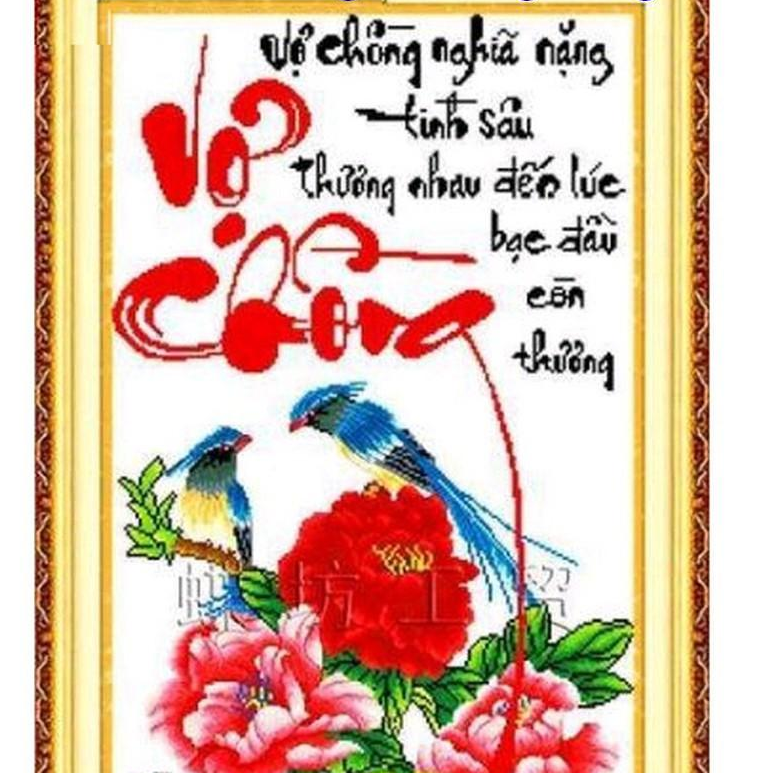 Tranh thêu chữ thập chữ vợ chồng hoa mẫu đơn 222252 chưa thêu