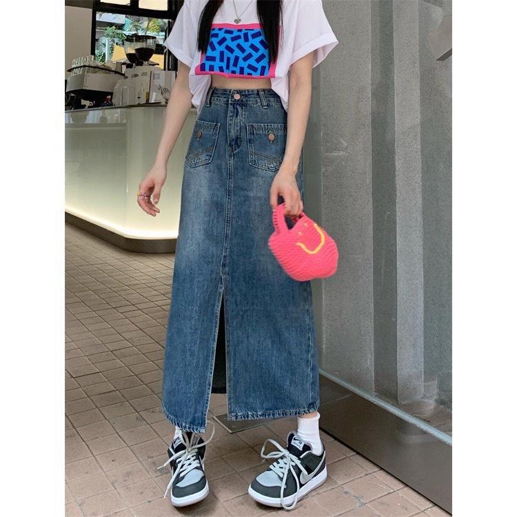 Chân váy jean denim EMIX, váy bò, dáng chữ A, lưng cao, xẻ tà, cạp cao, 2 túi trước 6818