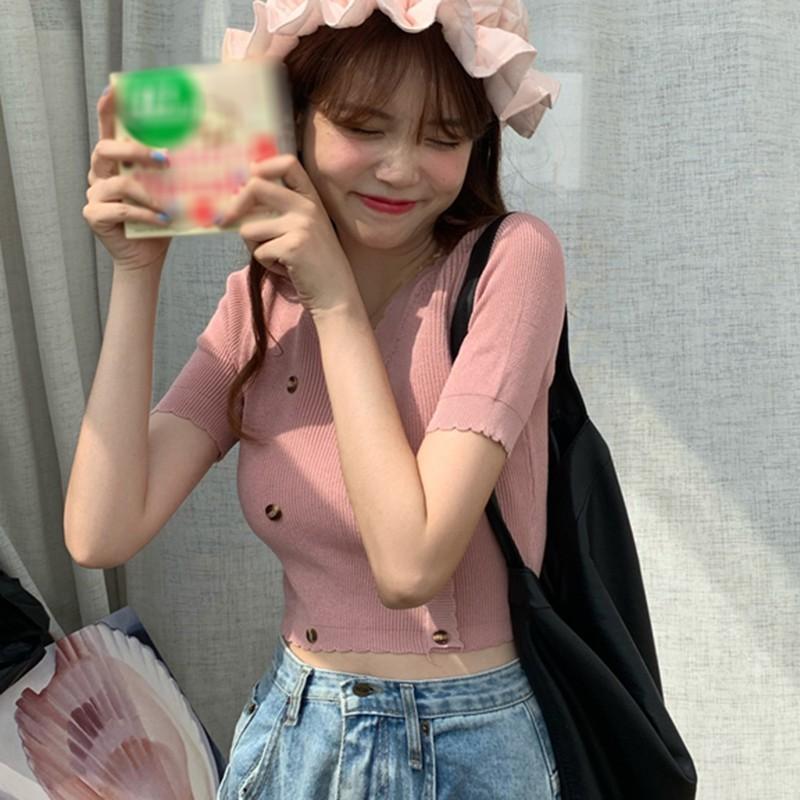 Áo Croptop Dệt Kim Tay Ngắn Cổ Chữ V Màu Trơn Thời Trang Cho Nữ