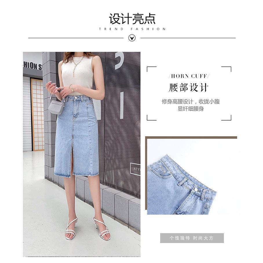 Chân váy jean dài xẻ trước cạp khóa giữa vải bò chân váy midi denim Ulzzang thời trang Banamo Fashion 562