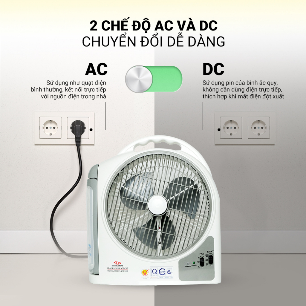 Quạt Sạc Tích Điện Dạng Hộp AC&amp;DC 10 inch Honjianda FL213 loại 2 bình có đèn LED - Hàng Chính Hãng