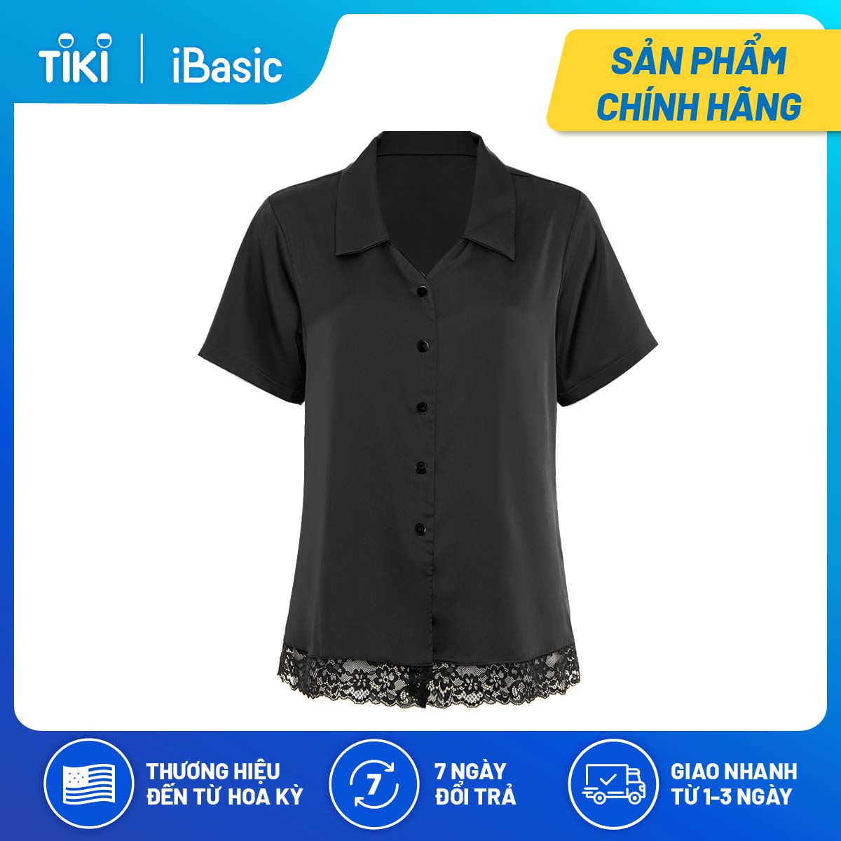 Áo mặc nhà nữ tay ngắn lụa phối ren iBasic HOMW011T
