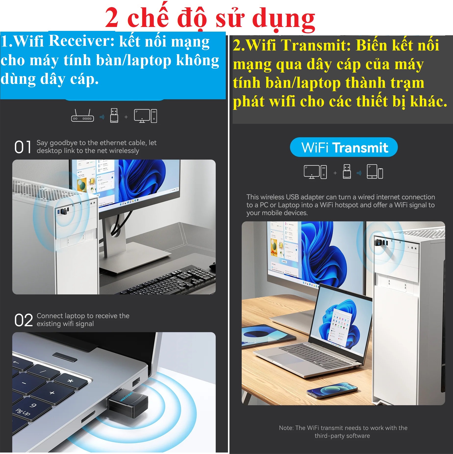 USB wifi adapter băng băng tần 2.4Hz và 5GHz Vention KDR KDS _ Hàng chính hãng