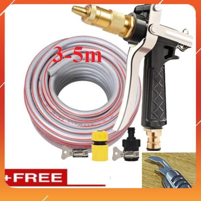 Bộ dây vòi xịt bơm nước tưới rửa , tăng áp 3 lần, loại 3m, 5m 206236 đầu đồng,đai,nối nhựa đen+ mở chai