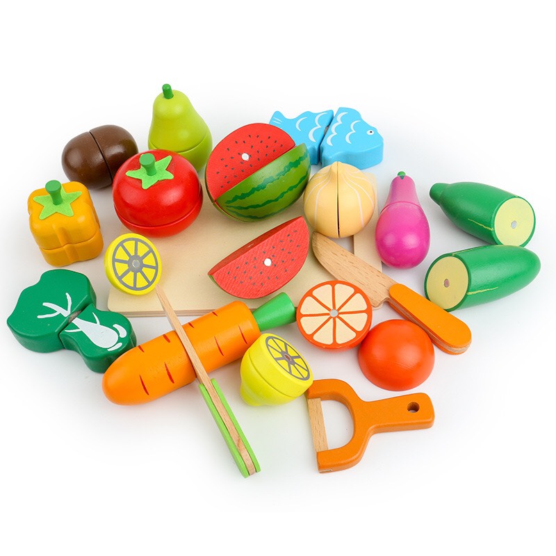 Bộ đồ chơi cắt hoa quả, rau củ bằng gỗ cho bé. Bộ đồ chơi nấu ăn có nam châm, có giỏ đựng bằng gỗ