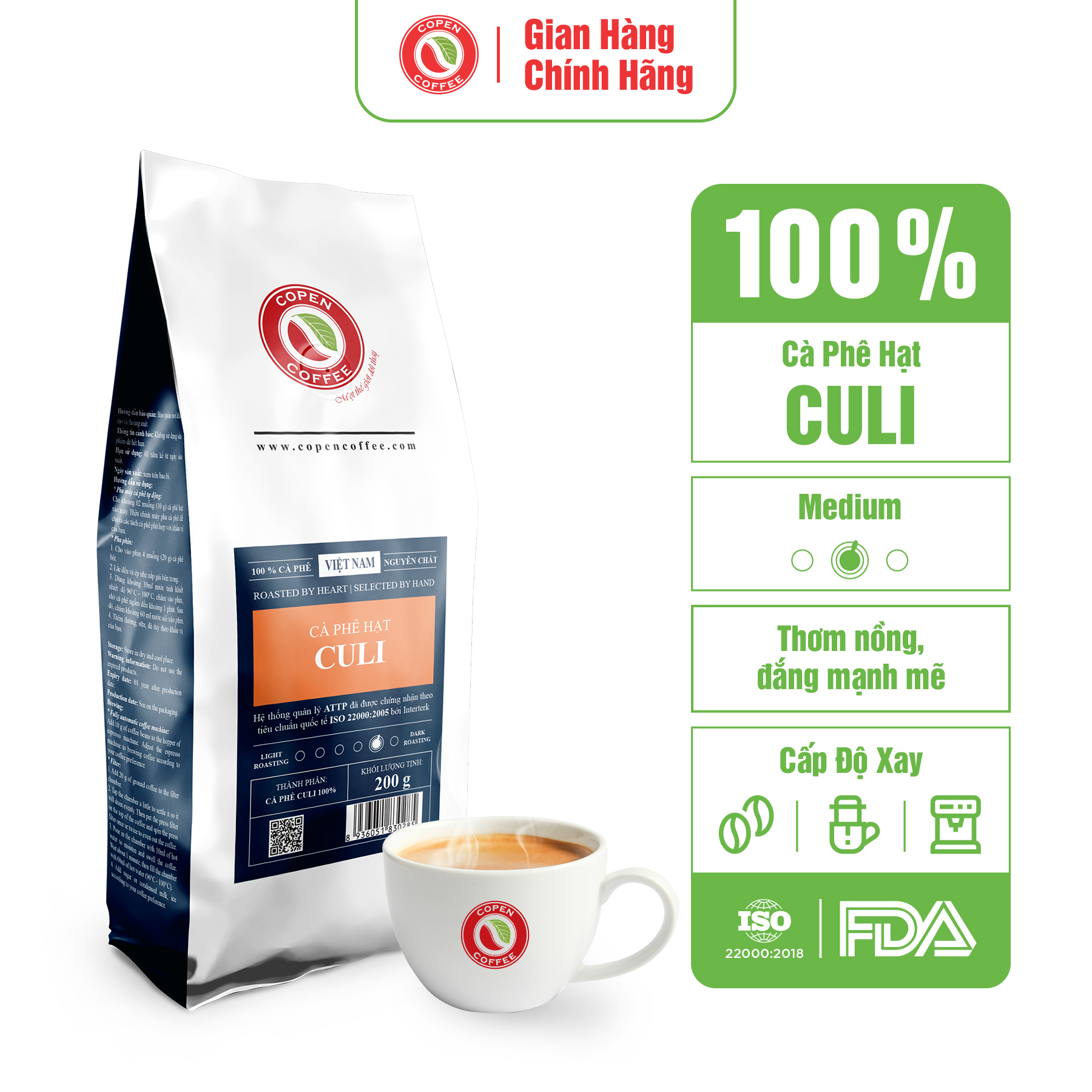 Cà phê hạt Copen Coffee Culi túi 200g Đắng vừa, thơm nồng (Xay pha phin)