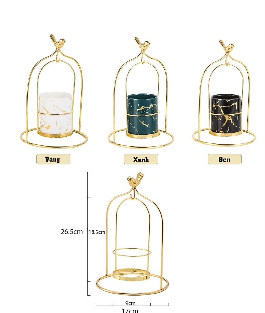 Giỏ sứ đựng thìa dĩa đồ cùng cá nhân có khung treo kim loại mạ vàng - ANTH512