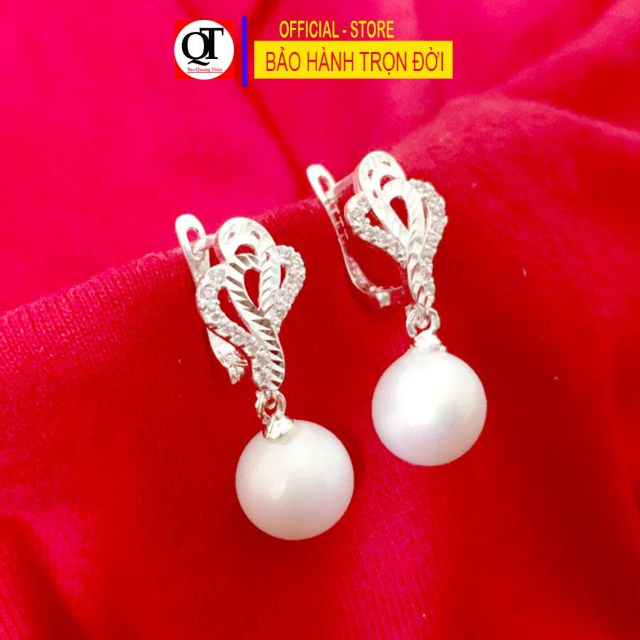 Khuyên tai nữ ngọc chất liệu bạc ta chốt đeo sát tai gắn đá cao cấp trang sức Bạc Quang Thản - QTBT139