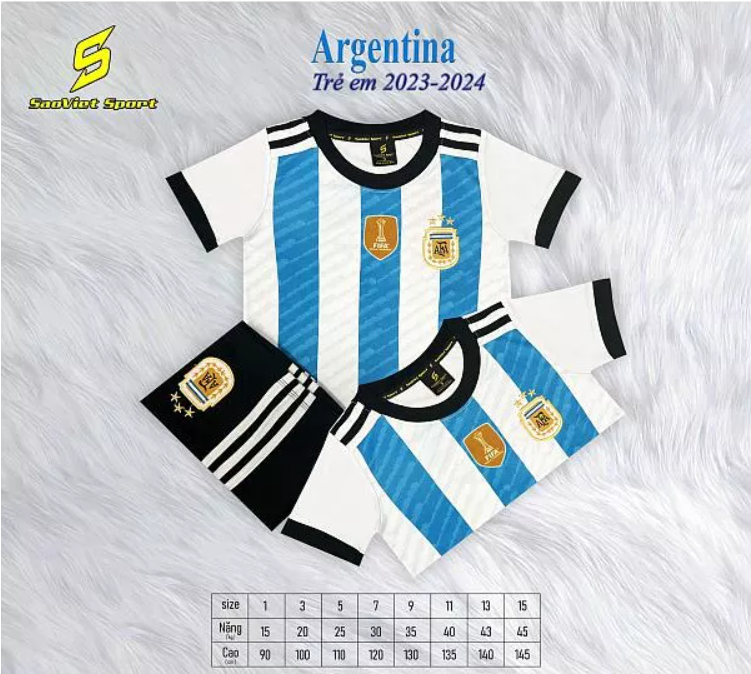 Quần áo Bóng đá Trẻ em đội tuyển Argentina trắng sọc xanh 3 sao mới nhất