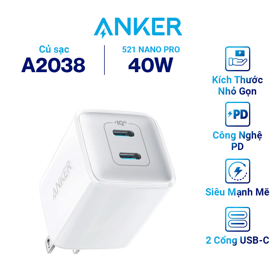 Adapter Sạc 2 Cổng ANKER 521 Nano Pro 40W Type-C Tích Hợp PIQ 3.0 A2038 - Hàng Chính Hãng