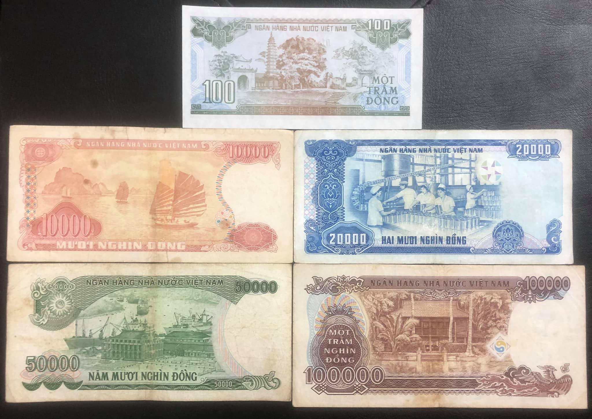 Bộ tiền Việt Nam huyền thoại, 100 đồng, 10k đỏ, 20k xanh, 50k xanh và 100k tím