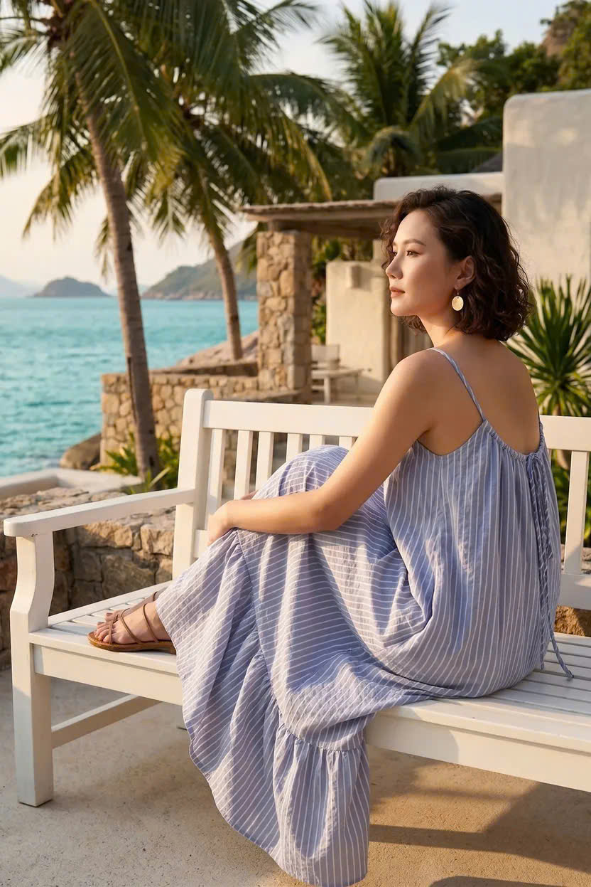 Đầm Maxi Hở Lưng Cotton Sọc Xanh Biển Vân Hy Dre217 Thời trang Hity