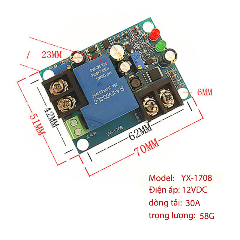 Module mạch kiểm soát và điều khiển tự động sạc bình ắc quy YX1708 -12VDC 30A