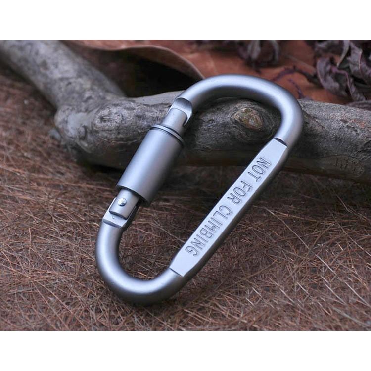 Móc khóa Carabiner hình chữ D bằng hợp kim nhôm màu xám bạc, móc khóa du lịch đa năng