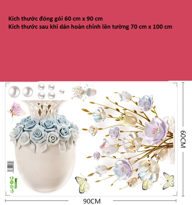 Decal dán tường bình hoa hồng 3D sang trọng