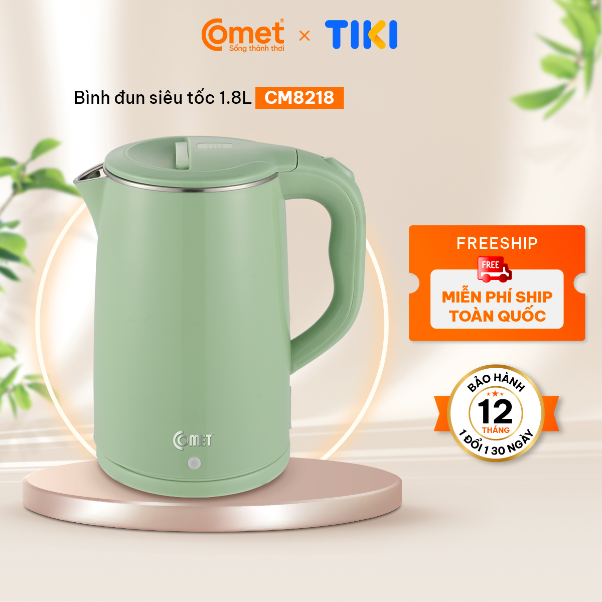 Bình đun siêu tốc Comet CM8218 – Hàng chính hãng - Inox 304 chống gỉ, dung tích 1.8L, công suất 1500W – Tự ngắt an toàn, thiết kế sang trọng