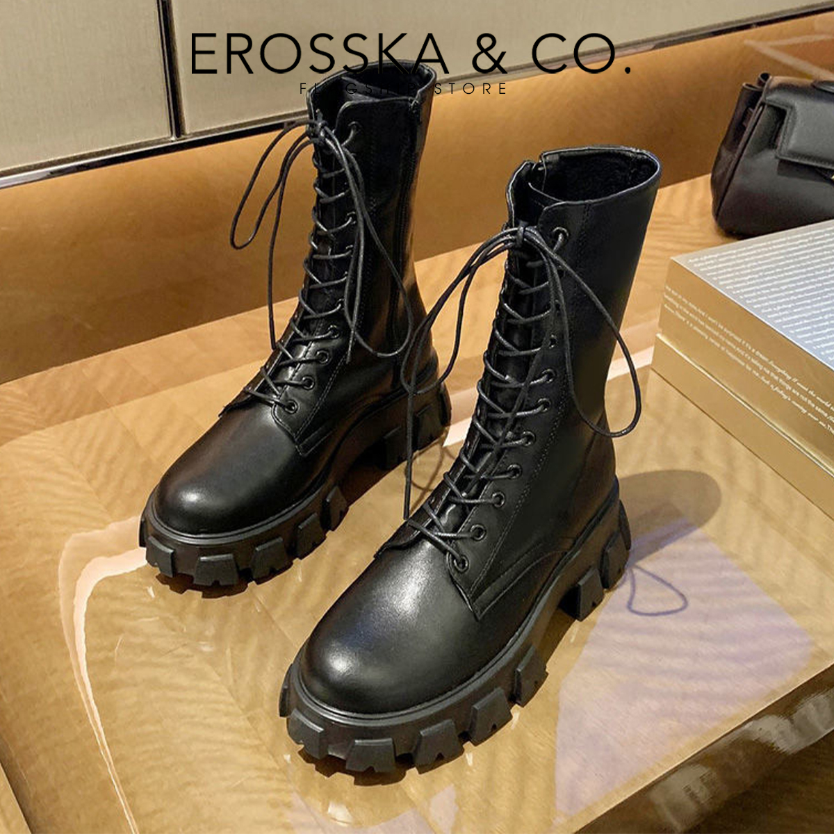 Erosska - Giày boot cổ cao có khoá kéo phong cách cá tính năng động - GB008