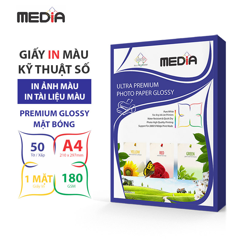 Giấy In Màu Kỹ Thuật Số MEDIA 1 Mặt Bóng (Glossy) Khổ A4 (210 x 297mm) Định Lượng 180/200gsm 50 Tờ, Dùng In Ảnh Màu &amp; Tài Liệu Màu - Hàng Chính Hãng