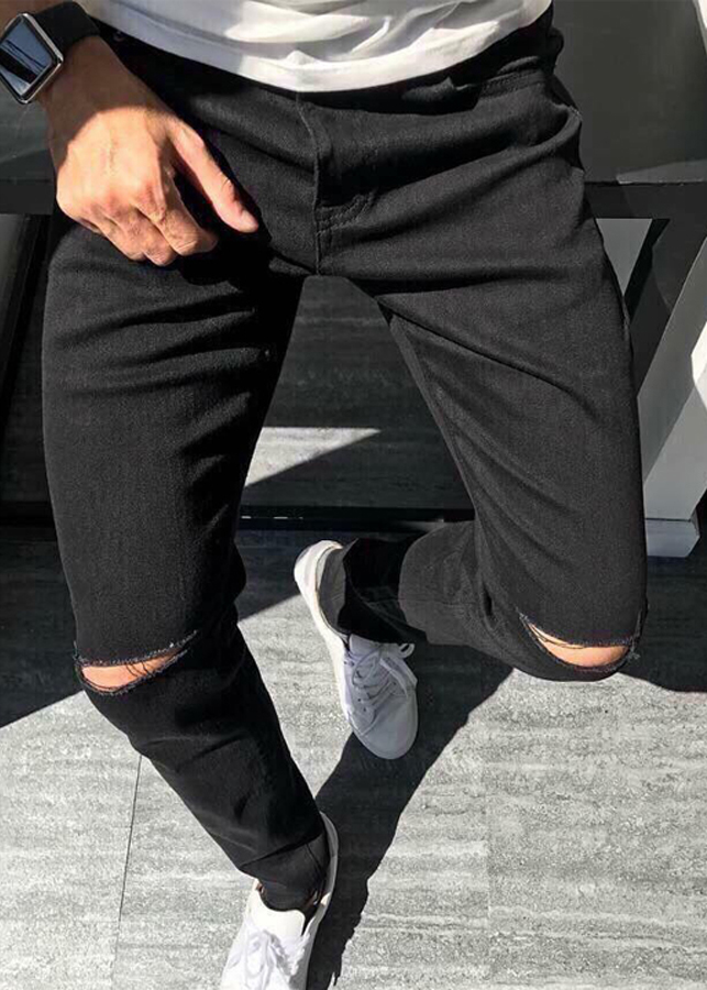 Quần Jean Nam Rách Gối Màu Đen Trơn