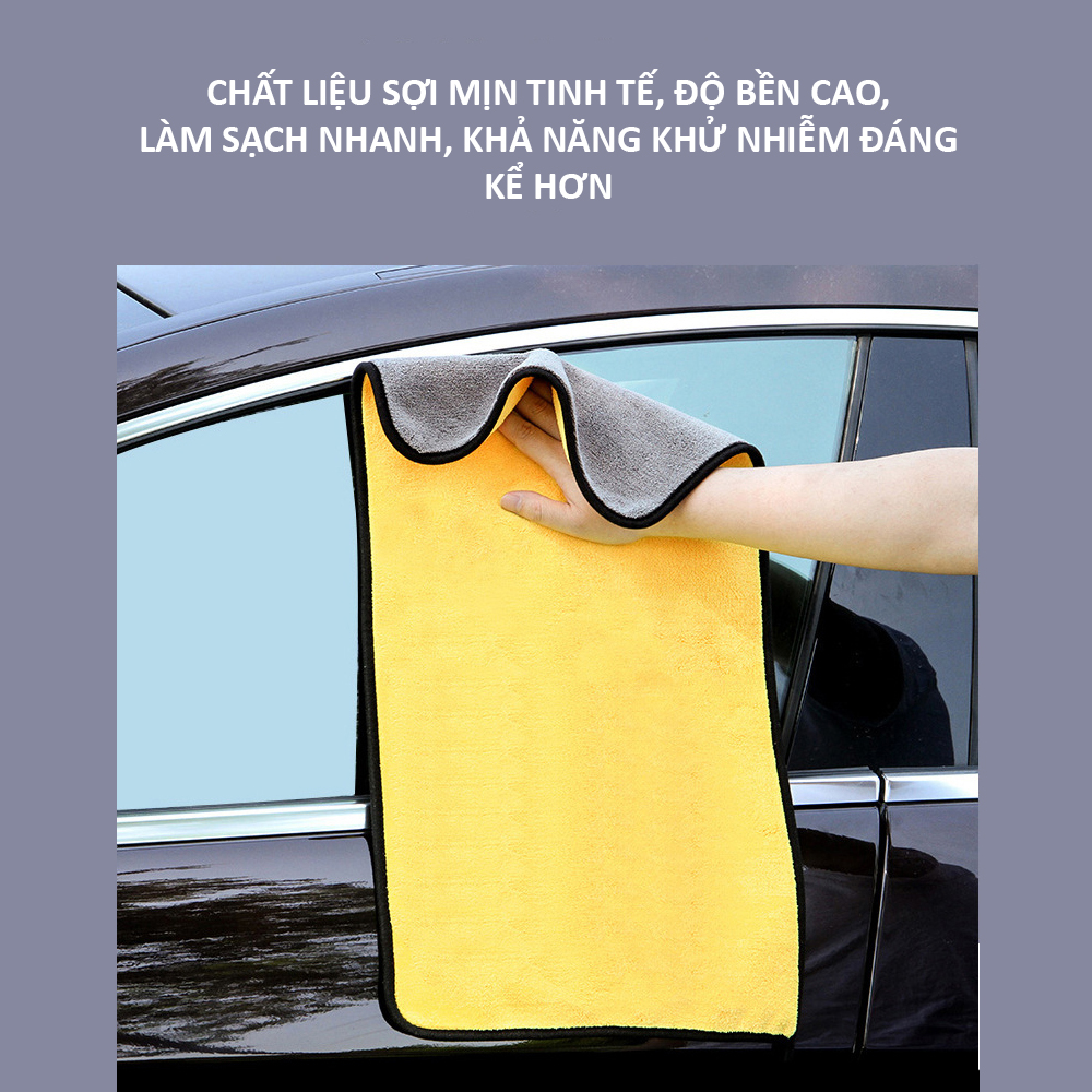 Khăn lau rửa xe ô tô hai mặt vàng xám mật độ cao khăn dày, mềm, mịn, thấm hút tốt kích thước 30x30 và 30x60 cm