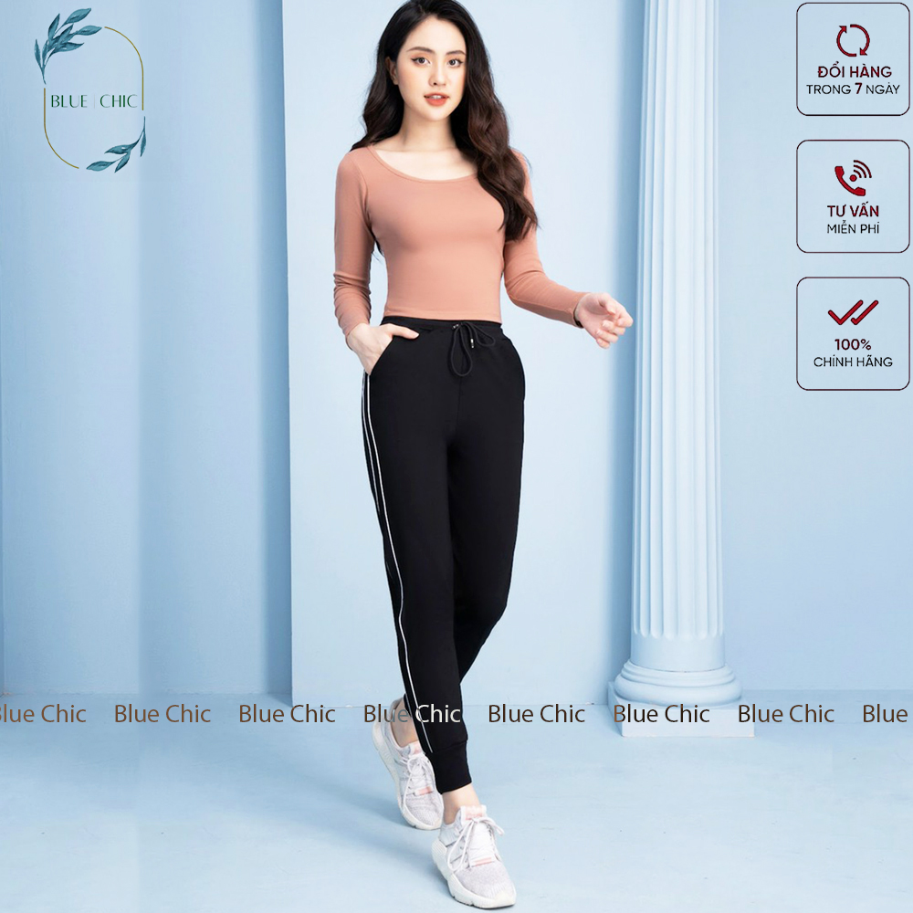 Quần jogger nữ Blue Chic dáng dài ống suông thun cạp chun năng động cá tính thể thao tập gym sọc nhí bo gấu