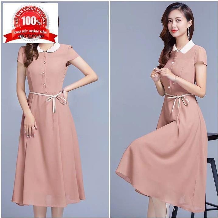 Đầm Dự Tiệc Xoè Nhẹ Tay Ngắn Phối Cổ Thắt Dây Eo