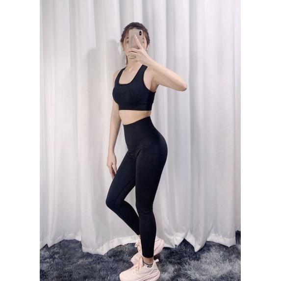 Bộ đồ tập gym nữ 3 món | quần dài legging, áo croptop tay ngắn, bộ tập yoga dệt kim co giãn 4 chiều SET03