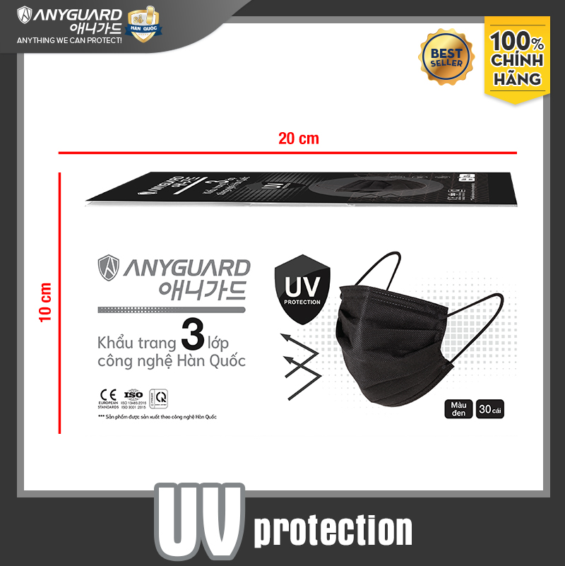 Khẩu Trang Anyguard Hàn Quốc 3 Lớp Màu Đen Chính Hãng - Lọc 99% Vi Khuẩn, UV Protection - Bảo Vệ Hằng Ngày - Tiêu Chuẩn Công Nghệ Hàn Quốc - ISO 9001:2015, ISO 13485:2016, QCVN 01:2017/BTC