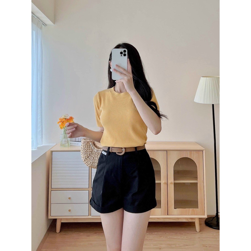 Áo Len Tăm Thời Trang Nữ Cổ Tròn Ngắn Tay Hàng Quảng Châu Co Giãn Siêu Đẹp