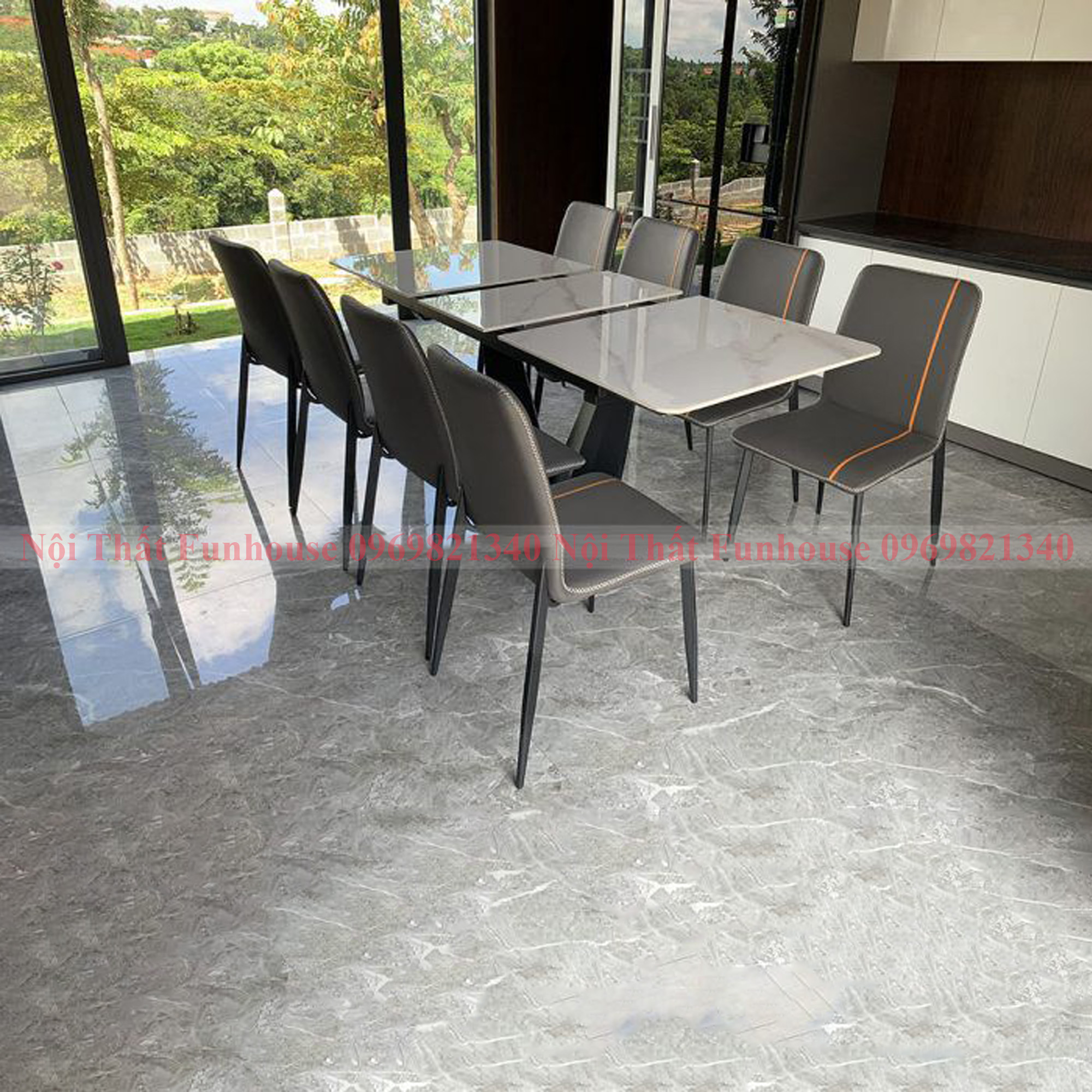 Bộ bàn ăn thông minh 6 ghế Funhouse 1m4 kéo dài 1m6 nhập khẩu mặt đá ceramic phủ bóng chống xước, chân sắt sơn tĩnh điện, ghế dá nhập khẩu - Bảo hành 2 năm