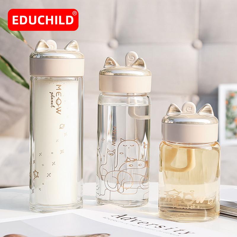 Educhild Mèo Kính Bình Nước 300Ml Ngoài Trời Sáng Tạo Giữ Nhiệt Có Dây Hoạt Hình Di Động Phụ Nữ Uống Nước