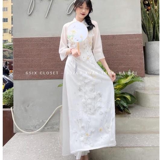 Áo Dài Dạ Tiệc Cách Tân Thiết Kế Tay Lỡ Đính Hoa Siêu Xinh Cho Các Nàng, A17