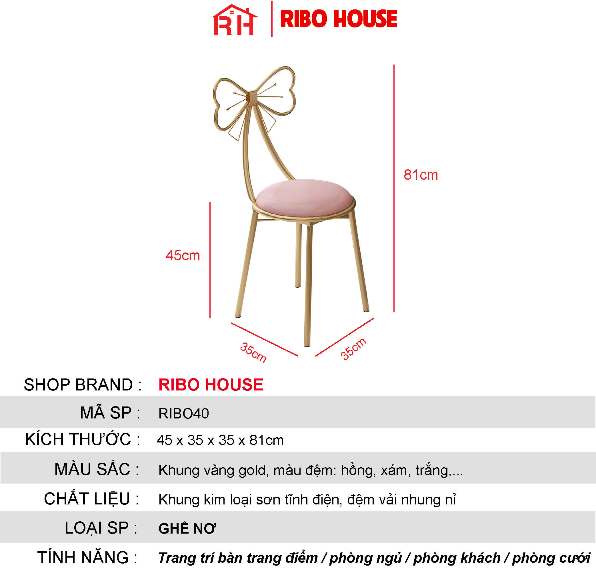 Ghế nơ RIBO HOUSE ghế bàn trang điểm khung kim loại sơn tĩnh điện, mặt ghế bọc đệm cao cấp phong cách hàn quốc RIBO40