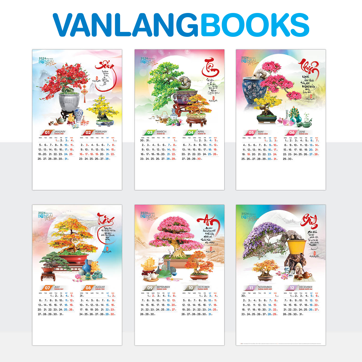 Lịch Tờ 2026 Treo Tường Vanlangbooks - Bonsai &amp; Trà Đạo (VLLT04) 7 Tờ Lò Xo