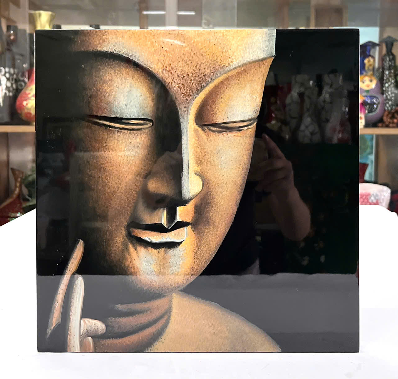 Tranh sơn mài vẽ tay Tượng Phật cao cấp Thanh Bình Lê size 38x38 cm treo tường, trang trí nhà cửa, văn phòng, quà tặng