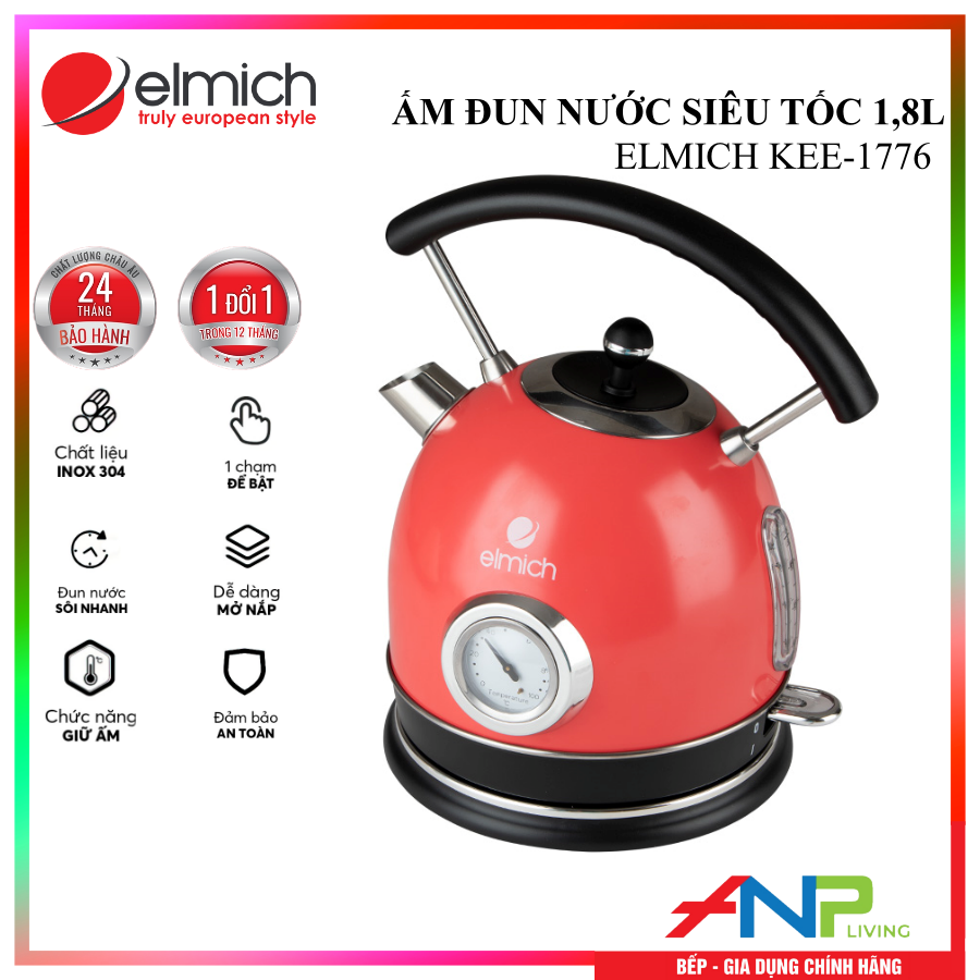 Ấm đun siêu tốc Elmich KEE-1776 (Mầu Đỏ, Dung Tích 1,8 Lít, Công Suất 2200W, Có đồng hồ báo nhiệt độ nước) - Hàng Chính Hãng