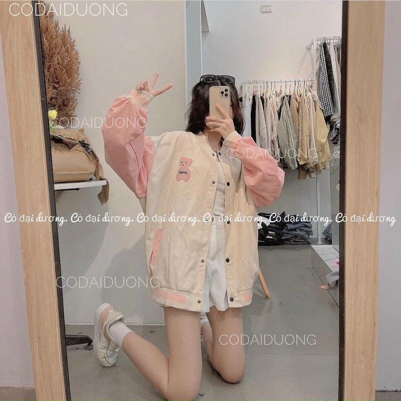 Áo khoác bomber bóng chày dù mero 2 lớp in gấu phối tay unisex ulzzang nam nữ