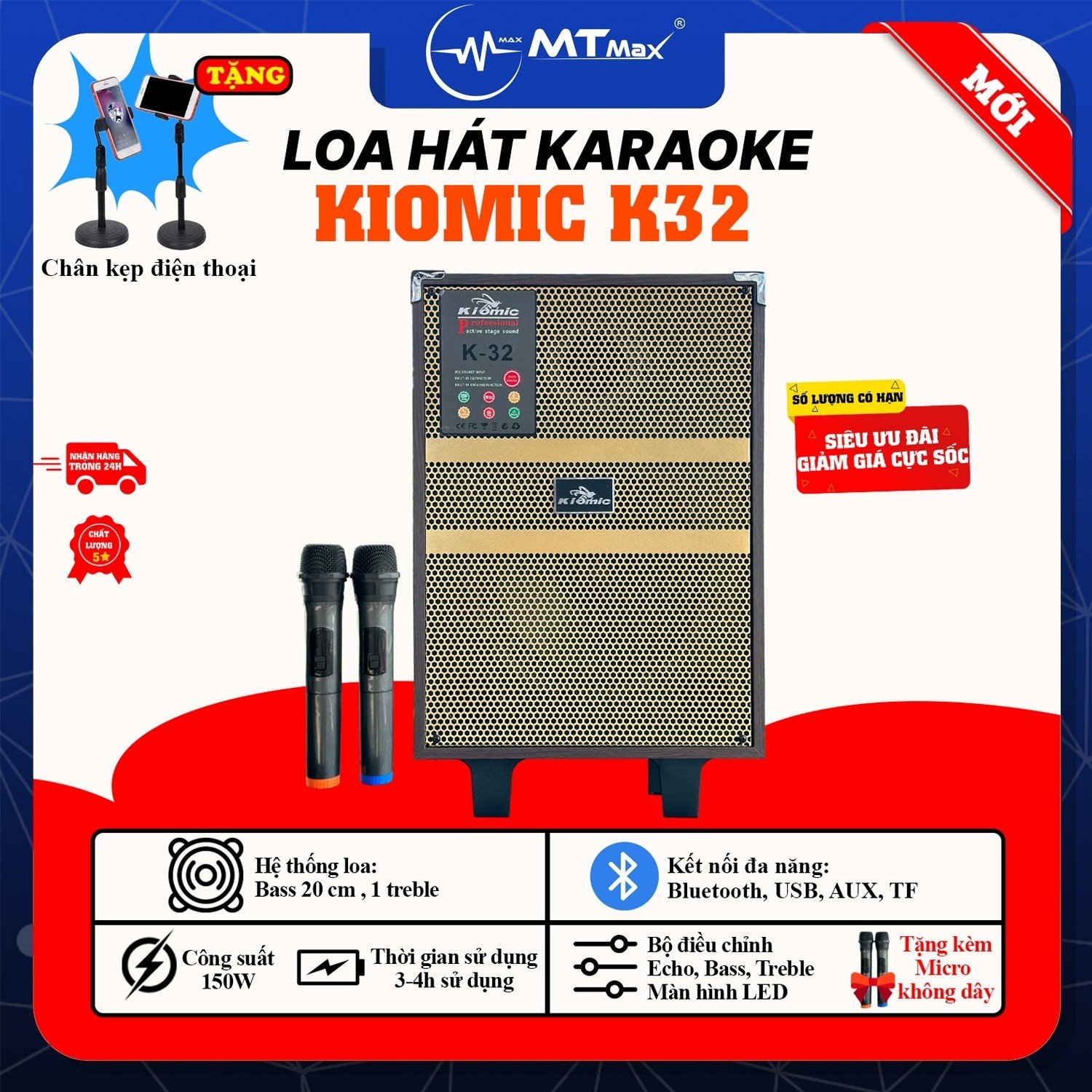 Loa Karaoke Kiomic K32 - Loa Xách Tay Bluetooth Cao Cấp Giá Rẻ Bass 20Cm Chất Âm Mạnh Mẽ Uy Lực Tặng Kèm 2 Micro Không Dây và Kẹp Điện Thoại L7 Bảo Hành 6 Tháng Hàng chính hãng