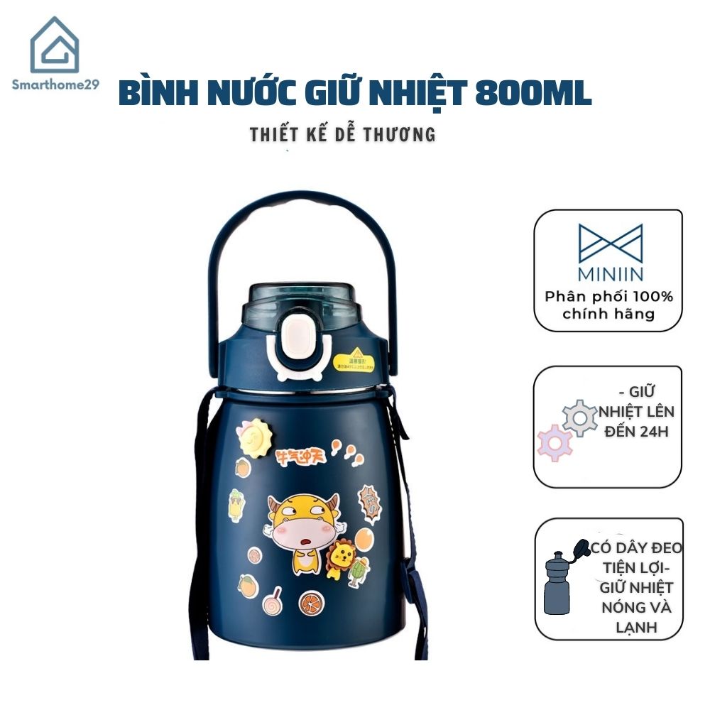 Bình Nước Giữ Nhiệt Cute 800ml Chất Liệu Inox 304 Giữ Nhiệt Không Gỉ Nóng Lạnh 24 Giờ Kèm Ống Hút Và Sticker - Hàng Loại 1 - Chính Hãng MINIIN