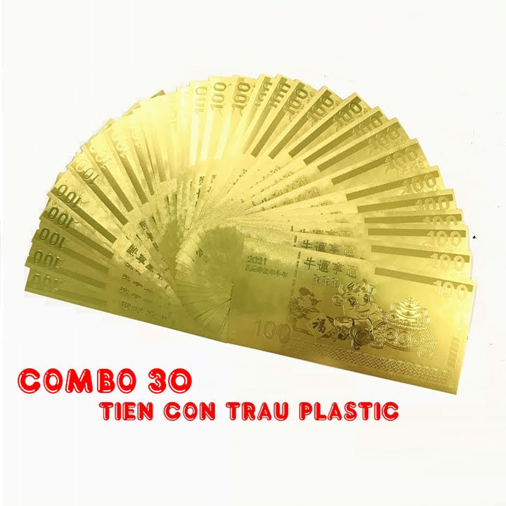 Combo 30 tờ lưu niệm 100 hình con Trâu, chất liệu nhựa plastic mạ một lớp màu vàng, dùng để trang trí trong nhà, làm tiền lì xì dịp Tết Tân Sửu 2021, treo trên cây mai, bỏ vào túi xách - SP005096