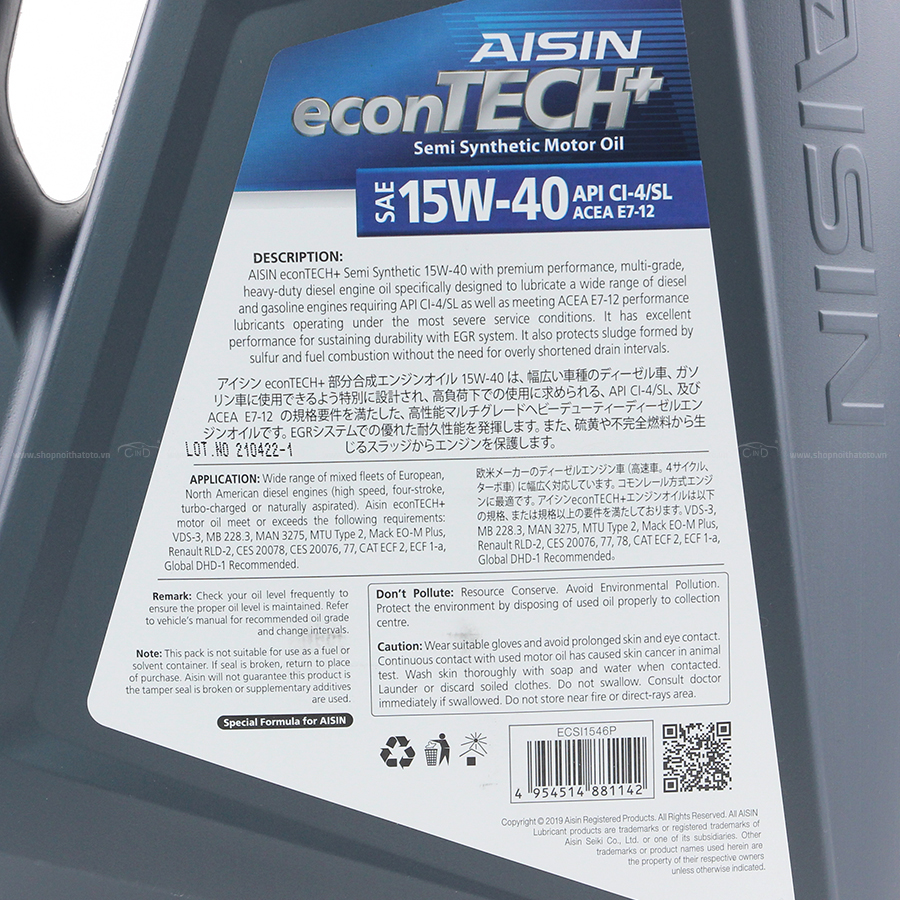 Nhớt Động Cơ AISIN ECSI1546P 15W-40 CI4 / SL Econtech+ Semi Synthetic 6L