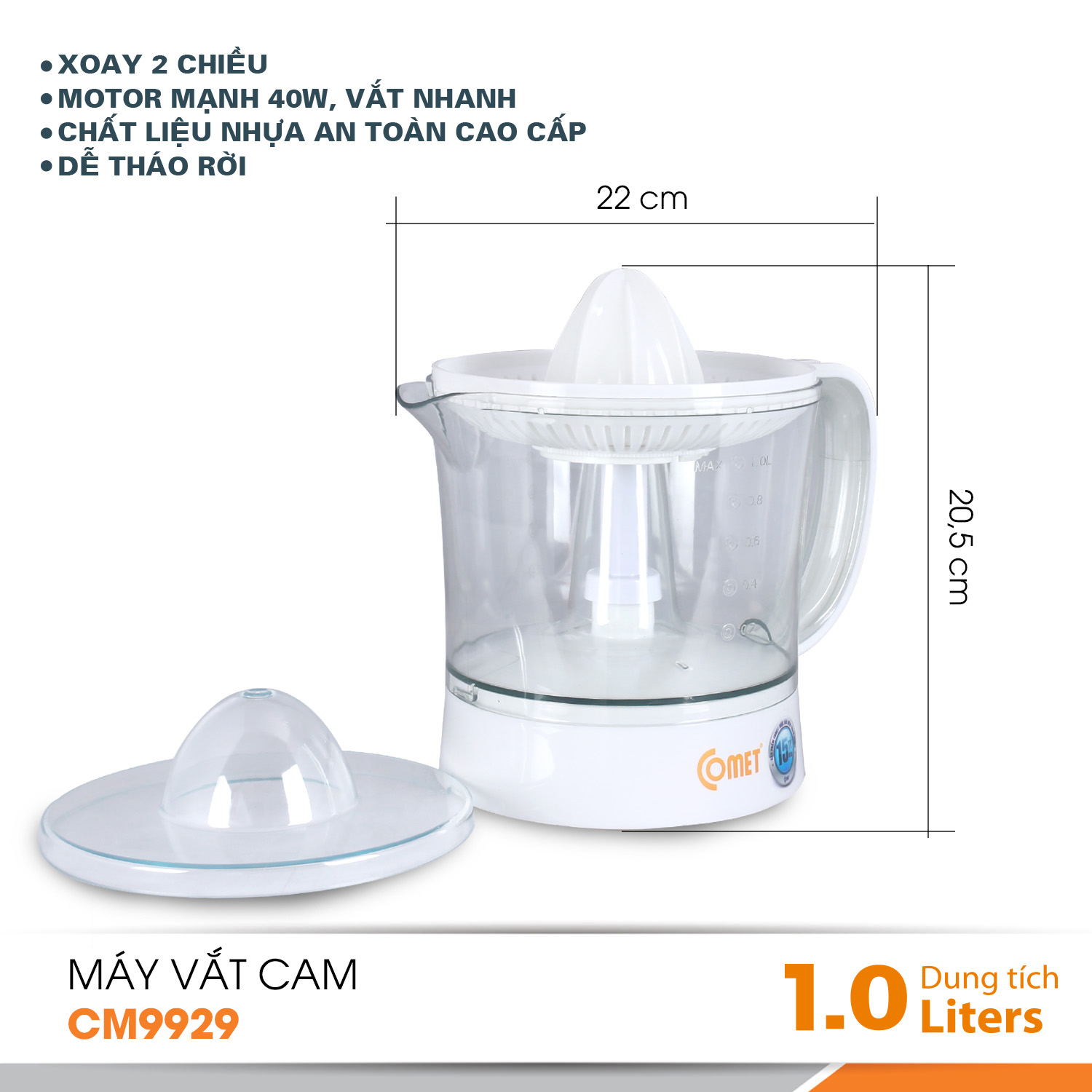 Máy Vắt Cam Comet 40W CM9929 (1.0 Lít) - Trắng - Hàng Chính Hãng