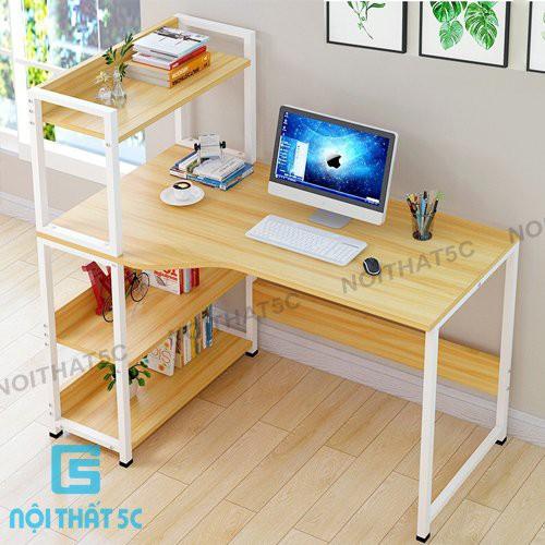 Bàn học tập, bàn làm việc thiết kế mặt bàn uốn cong liền giá sách 4 tầng sắt sơn tĩnh điện hiện đại, lắp ráp dễ dàng.